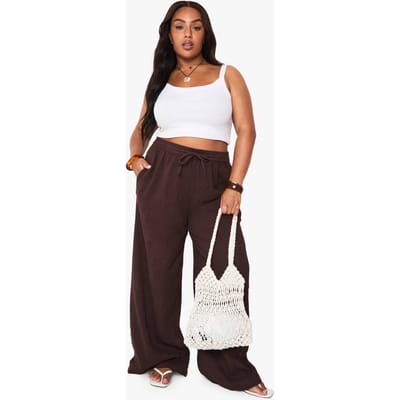 boohoo Dames Plus Getextureerde Gerimpelde Broek met Wijde Pijpen | Chocoladebruin | Maat: 44