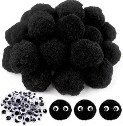 50 Stuks Fluffy Pompoms 50mm in Zwart met 100 Woe Eyes voor Creatieve DIY Knutselprojecten en Decoraties