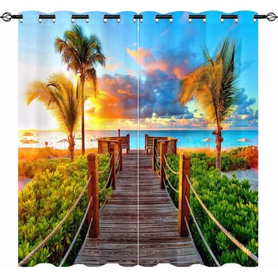 Coastal Beach Hawaiiaanse Palmbomen Pier Landschap 3D Patroon Gordijn Set voor Slaapkamer Decoratie Home Decor Gordijnen 173W183H(CM)68x72in&Hook
