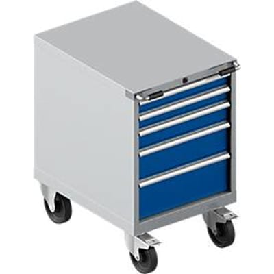 Schäfer Shop Select Mobiele gereedschapskast WSK 27-36, 5 laden, H 920 mm, enkele vergrendeling, staal, 75 kg max. belasting, wit aluminium/gentiaanblauw