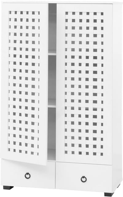 Vitrinekast MCW-N87, woonkamer kast, 3D rieten design 2 deuren 3 opbergvakken 2 soft-close laden, 138x80x36cm ~ wit