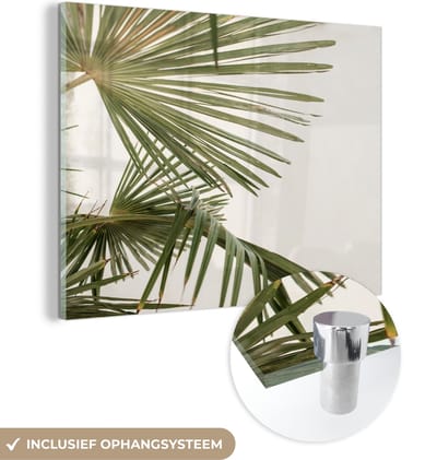 MuchoWow® Glasschilderij 120x90 cm - Schilderij acrylglas - Palmbladeren - Groen - Natuur - Foto op glas - Schilderijen