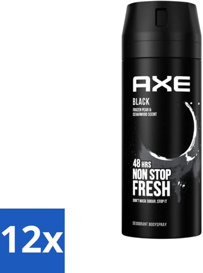 Axe - Deodorant Bodyspray - 48hrs Fresh - Black - Frozen Pear & Cedarwoord - 150 ml - Voordeelverpakking - 12 stuks