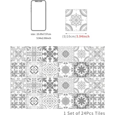 24 Stuks Grijze Muurstickers, Vintage Patroon Tegelstickers, Muurkunst Waterdichte Zelfklevende Vinyl Tegelstickers Huisdecoratie Keuken Badkamer DIY Stickers 10cmX10cmX24pcs