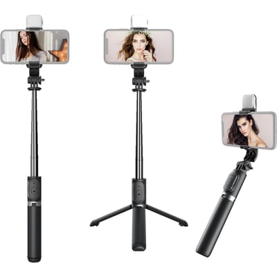Perche à Selfie BT sans fil multifonctionnelle, support de trépied extensible Portable avec lumière de remplissage 104.5cm noir