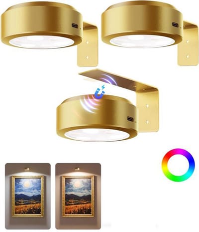 Schilderijverlichting voor aan de muur, magnetische posterverlichting met oplaadbare batterij , 3 kleurtemperaturen en 12 RGB-kleuren, dimbare timer voor schilderijen, decoratieve wandlamp voor kunsttentoonstellingen, lijst (3 stuks) goud