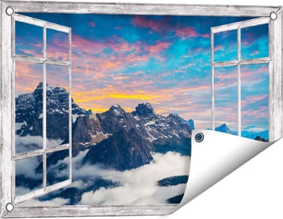 Gards Tuinposter Doorkijk Bergen Landschap met Wolken in Italië - 60x40 cm - Tuindoek - Tuindecoratie - Wanddecoratie buiten - Tuinschilderij