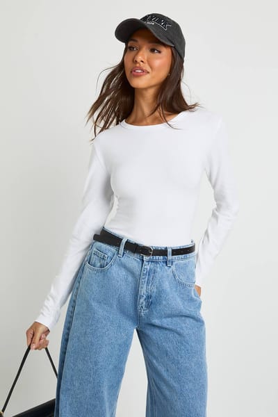 boohoo Dames Top met lange mouwen, aansluitend en lang gesneden | Wit | Maat: 36