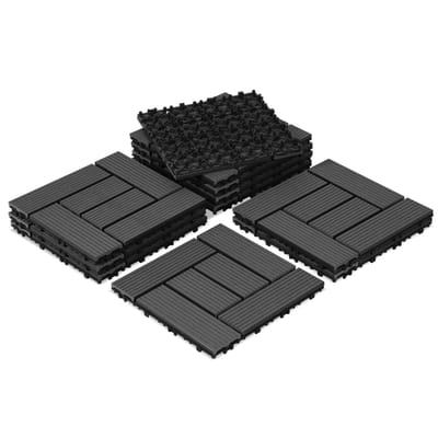 WPC-terrastegels, 30x30 cm, voordeelverpakking van 11 stuks voor 1 m², antraciet houtlook, voor tuin- en balkonvloeren met drainage en kliksysteem.