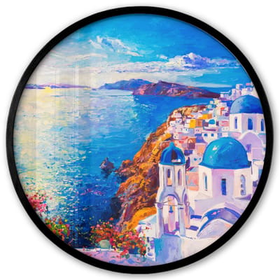 Poster in lijst Rond - Fotolijst 40x40 cm - Posters - Schilderij - Griekenland - Water - Olieverf - Ronde posterlijst zwart - Decoratie - Wanddecoratie woonkamer - Muurdecoratie slaapkamer
