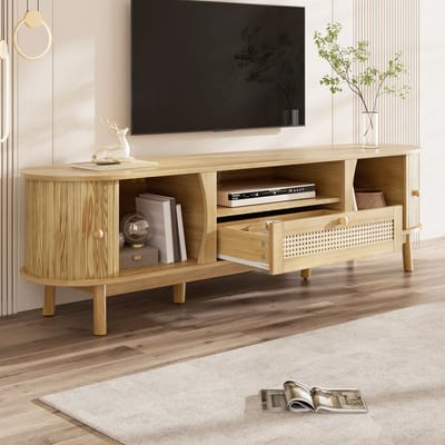 STILVORA Televisiemeubel - Rotanlook Met Schuifdeuren En Lades - Veel Opbergruimte Voor Woonkamer - MDF - Natuurlijk - 165x37x46 cm