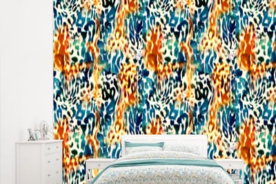 Behang - Fotobehang Oranje - Blauw - Dierenprint - Patronen - Breedte 315 cm x hoogte 260 cm