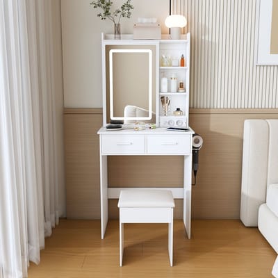 MODENUIT Kaptafel - Spiegel Met Driestaps LED En Stopcontacten - Voor Slaapkamer - MDF Wit - 60x36x136 Cm