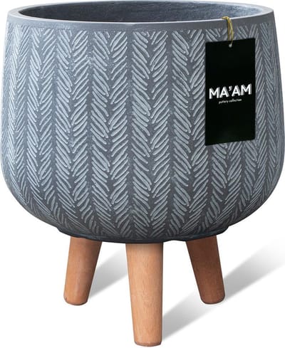 MAAM Pottery Ivy bloempot op poten - D23xH28 - Grijs - houten poten - duurzame kwaliteit - trendy visgraat design