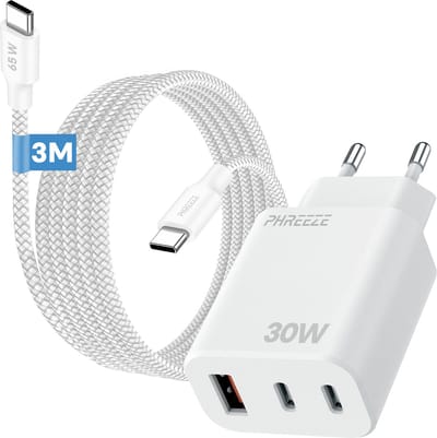 Usb lader met 3 poorten 2x usb A 1x usb C - Incl. usb C oplaadkabel 3m - Snellader voor telefoon tablet