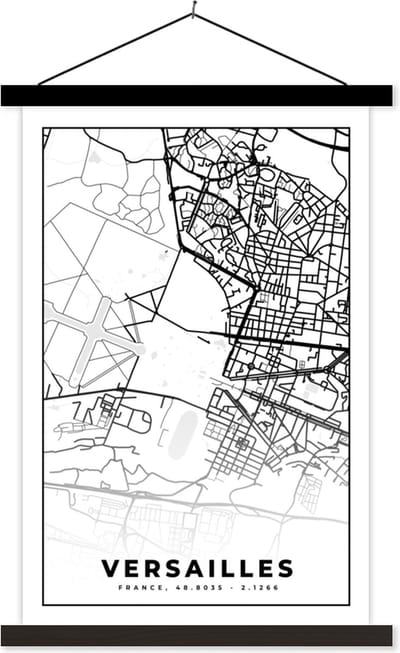 Posterhanger incl. Poster 40x60 cm - Schoolplaat - Kaart - Stadskaart - Versailles - Frankrijk - Plattegrond - Zwart wit - Textielposter - Zwarte latten - Stadskaart