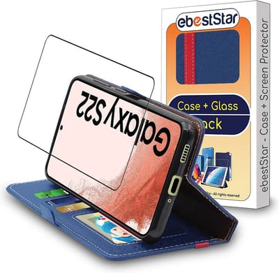 ebestStar - Hoes geschikt voor Samsung Galaxy S22 5G, Wallet Etui, Book case hoesje, Donkerblauw, Rood + Gehard Glas