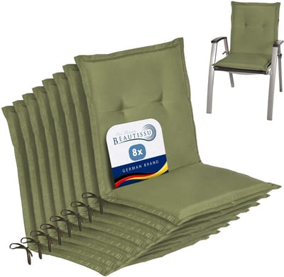 Beautissu Loft NL Stoelkussen Set 8x Lage Rugleuning 100x50 cm Olijfgroen – Tuinstoelkussen UV-bestendig