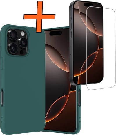 Hoes - Met Screenprotector - Geschikt voor Apple iPhone 16 Pro - Sterk & Shockproof - Back Cover - Siliconen Case - Telefoon Hoes - Donkergroen