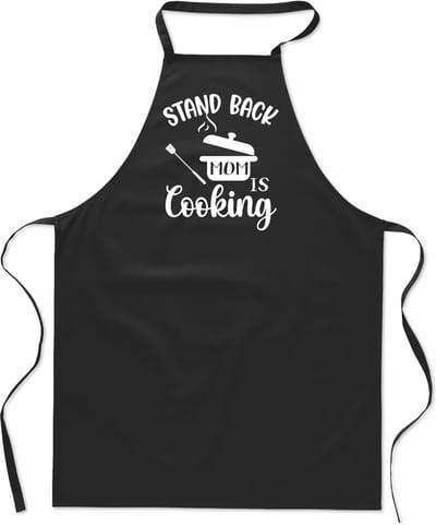 Tekstschort - Keukenschort - kookschort - Stand back, mom is cooking - 100% katoen - verjaardag en feest - cadeau - kado - unisex - zwart