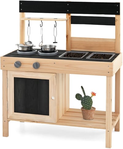 COSTWAY Modderkeuken voor kinderen, outdoor, kinderkeuken, hout, met 11 accessoires, speelkeuken, outdoor, keuken voor kinderen vanaf 3 jaar