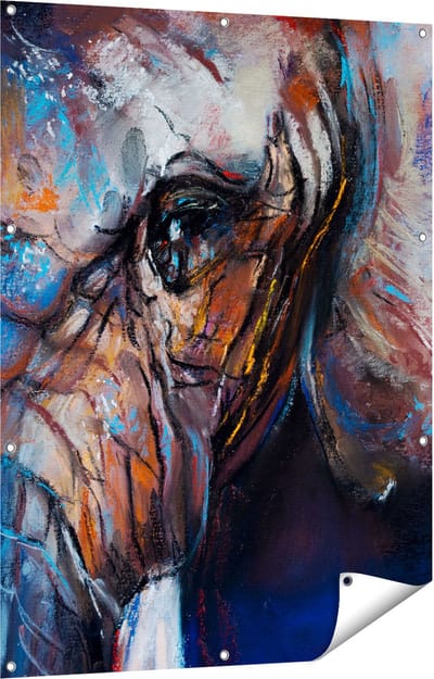 Gards Tuinposter Getekende Olifant van Dichtbij - Abstract - 90x120 cm - Tuindoek - Tuindecoratie - Wanddecoratie buiten - Tuinschilderij