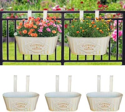 3 stuks vintage ovale ijzeren hangemmers - met afneembare handvatten - verweerd design - ophangbloempotten voor hek binnenplaats en balkon