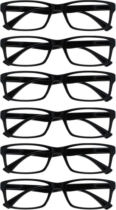 OPULIZE Pep Reading Glasses, Pack of 6, Classic Everyday Use Rectangular Frame, Scratch-Resistant Spring Hinges, for Men and Women, RRRR92 + 3.00