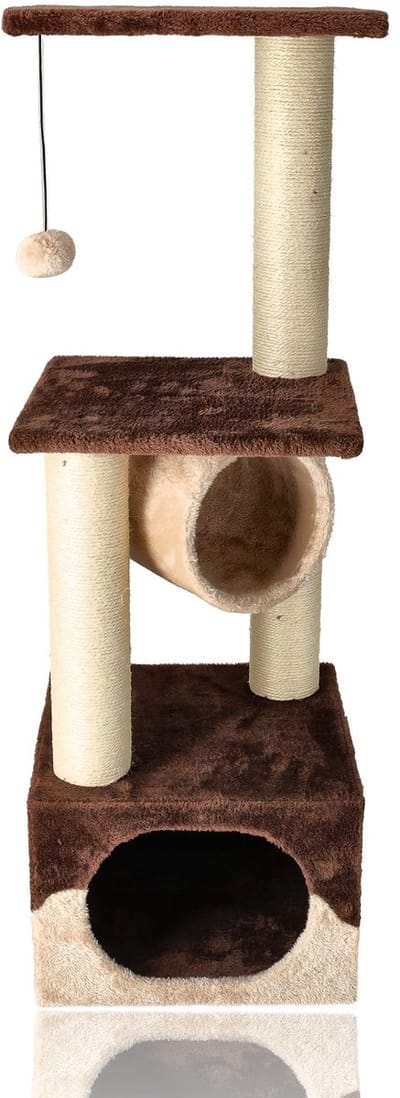 Krabpaal 108 cm – Speel- & Klimmeubel met Hangmat, Huisje & Bal – Krabmeubel voor Katten – Sisalpalen – 35x35x108 cm – Bruin/Beige