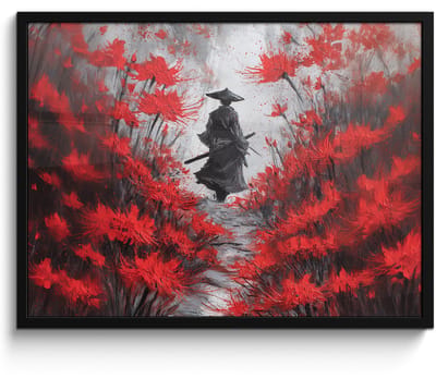 Poster in lijst - Fotolijst 80x60 cm - Posters - Rode bloemen - mistig - Man - Posterlijst zwart - Decoratie - Wanddecoratie woonkamer - Muurdecoratie slaapkamer
