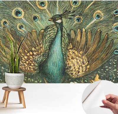 Wallfluent Zelfklevend Behang - Majestueuze pauw Zelfklevend fotobehang - 208x146 cm - Groente Zelfklevend Behang - Plakklare achterzijde - Voor de woonkamer, slaapkamer en kantoor Zelfklevend Behang