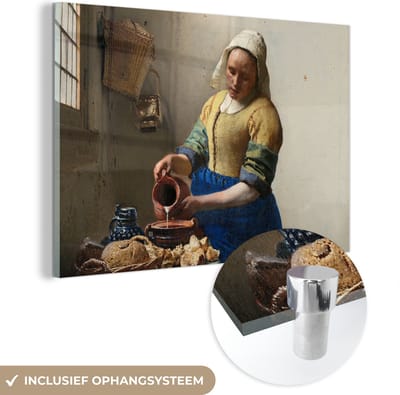 MuchoWow® Glasschilderij 120x80 cm - Schilderij acrylglas - Het melkmeisje - Johannes Vermeer - Foto op glas - Schilderijen