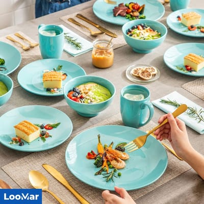 LooMar Luxe Serviesset – 48 delig – 12 persoons – Porselein - Bordenset – Dinner platen – Dessertborden - Kommen - Mokken - Set - Licht Blauw