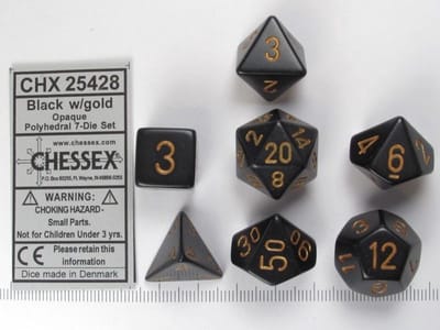 Chessex Opaque Zwart goud Polydice Dobbelsteen Set 7 stuks.