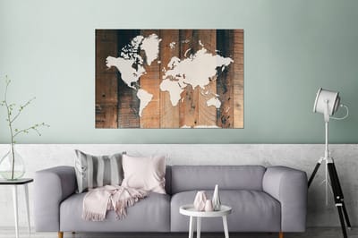 Aluminium schilderij 180x120 cm - Wanddecoratie metaal - Wereldkaart - Hout - Wit - Metalen muurdecoratie woonkamer - Decoratie industrieel - Foto op dibond - Industriële accessoires slaapkamer