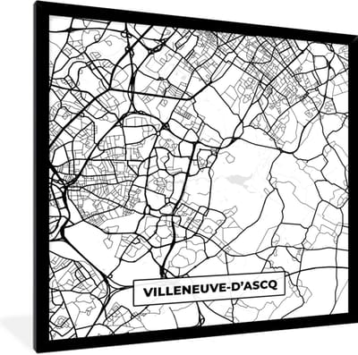 Fotolijst incl. Poster Zwart Wit- Plattegrond - Kaart - Frankrijk - Stadskaart - Villeneuve-D'Ascq - Zwart wit - 40x40 cm - Posterlijst