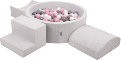 KiddyMoon schuimspeelplaats met rond ballenbad (200 ballen) ballenbakken voor baby's speelbad hindernisbanen, made in the eu, lichtgrijs:wit/grijs/poederroze