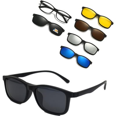 TR90 Brilmontuur met 5 Clip-on Zonnebrillen voor Mannen Rechthoekige Optische Bril Vrijetijdsbril Ontwerp 2266 Black polarized clip