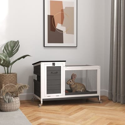 MEUNIQ konijnenhok van hout 92 x 52 x 67 cm met ren, 4 wielen, 2 klapdaken, uitschuifbare lade en voordeur voor binnen en buiten, donkergrijs