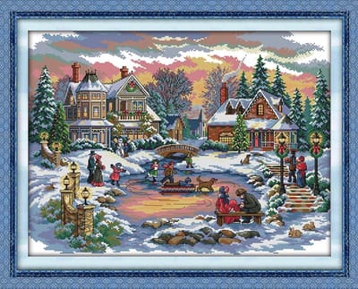 Volwassen Onbedrukte Borduurset Winterlandschap voor Kerstmis - 14ct Telbare Borduurkit voor Wanddecoratie 55×43cm