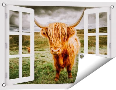 Gards Tuinposter Doorkijk Schotse Hooglanders in de Weide met Wolken - 60x40 cm - Tuindoek - Tuindecoratie - Wanddecoratie buiten - Tuinschilderij