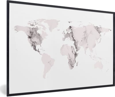 Poster in lijst - Fotolijst 90x60 cm - Posters - Wereldkaart - Marmer - Grijs - Posterlijst zwart - Decoratie - Wanddecoratie woonkamer - Muurdecoratie slaapkamer