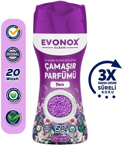Evonox Clean Granulaat Wasparfum & Wasverzachter Parijs 210 gr | Vegan | Langdurige Frisse Geur | Milieuvriendelijk | Voor Alle Stoffen