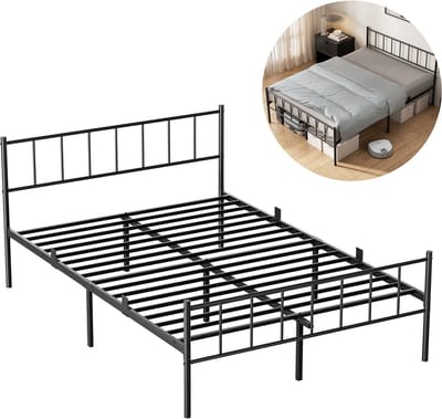 KUTAS Metalen bedframe 140x190 cm - Minimalistisch - Met Hoofdeinde - Anti Slip - Stevig - Roestvrij - Voor 2 personen - Tweepersoonsbed - Zwart