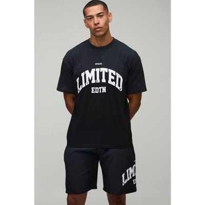 Oversized Spray Wash Limited Edition Bedrukte T-shirt & Short Set | Washed Black | Size Large