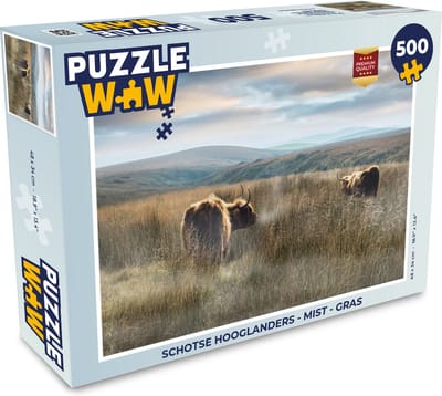Puzzel Schotse Hooglanders - Mist - Gras - Legpuzzel - Puzzel 500 stukjes