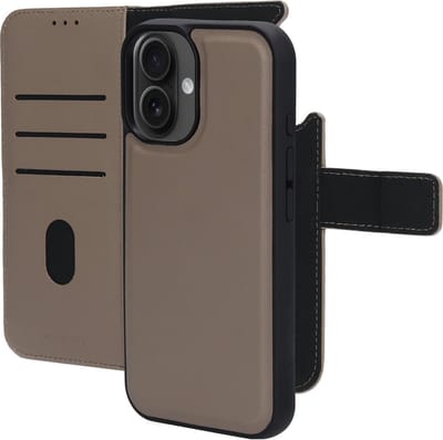 Mobiparts hoesje geschikt voor Apple iPhone 16 - Wallet 2-in-1 Boekhoesje - MagSafe - Echt Leder - Uitneembare Case - Sterke Magneet Sluiting - Contactloos betalen - Beige