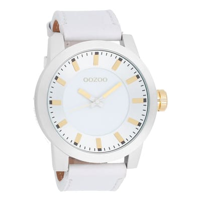 OOZOO Timepieces - Zilverkleurige horloge met witte leren band - C6116