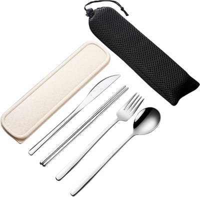 Draagbare 4-delige bestekset van roestvrij staal met etui - Herbruikbaar bestek voor reizen, kamperen, school en picknick