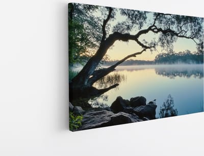 Saammp Canvas Schilderij - Natuur - Scheve boom bij het water - landschap - 45x30 - Foto op canvas - Wanddecoratie - Muurdecoratie Woonkamer - Slaapkamer decoratie - Canvas Print
